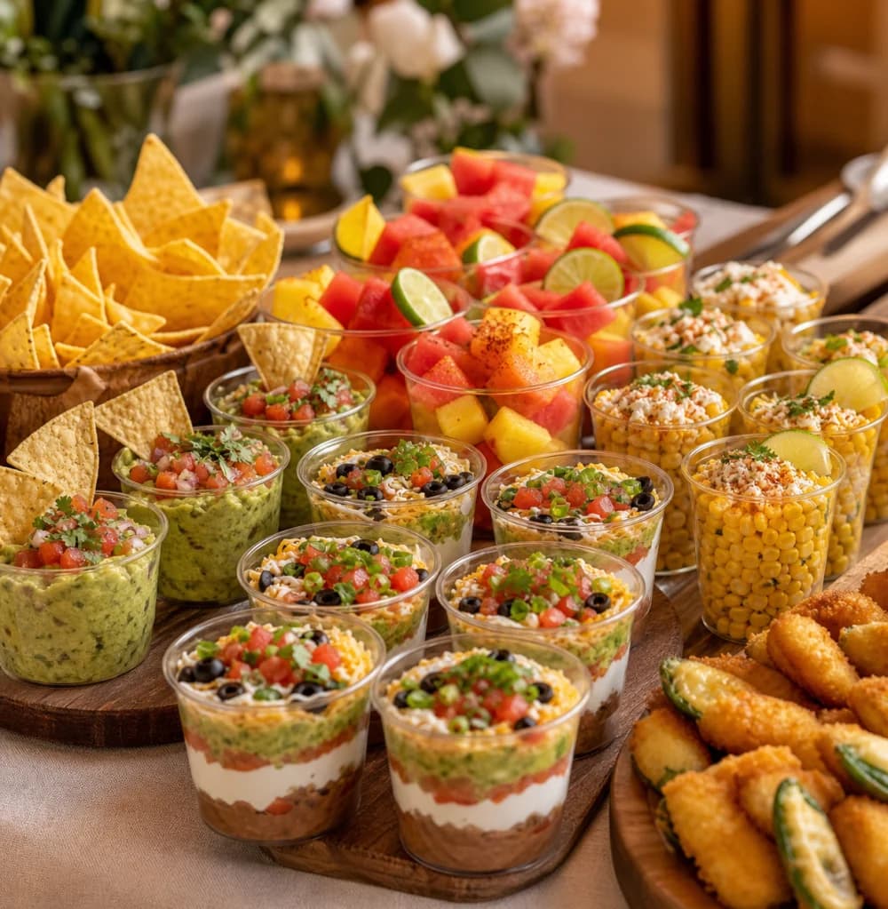 Fiesta table with layered dip, guacamole, street corn, fruit cups, and tortilla chips